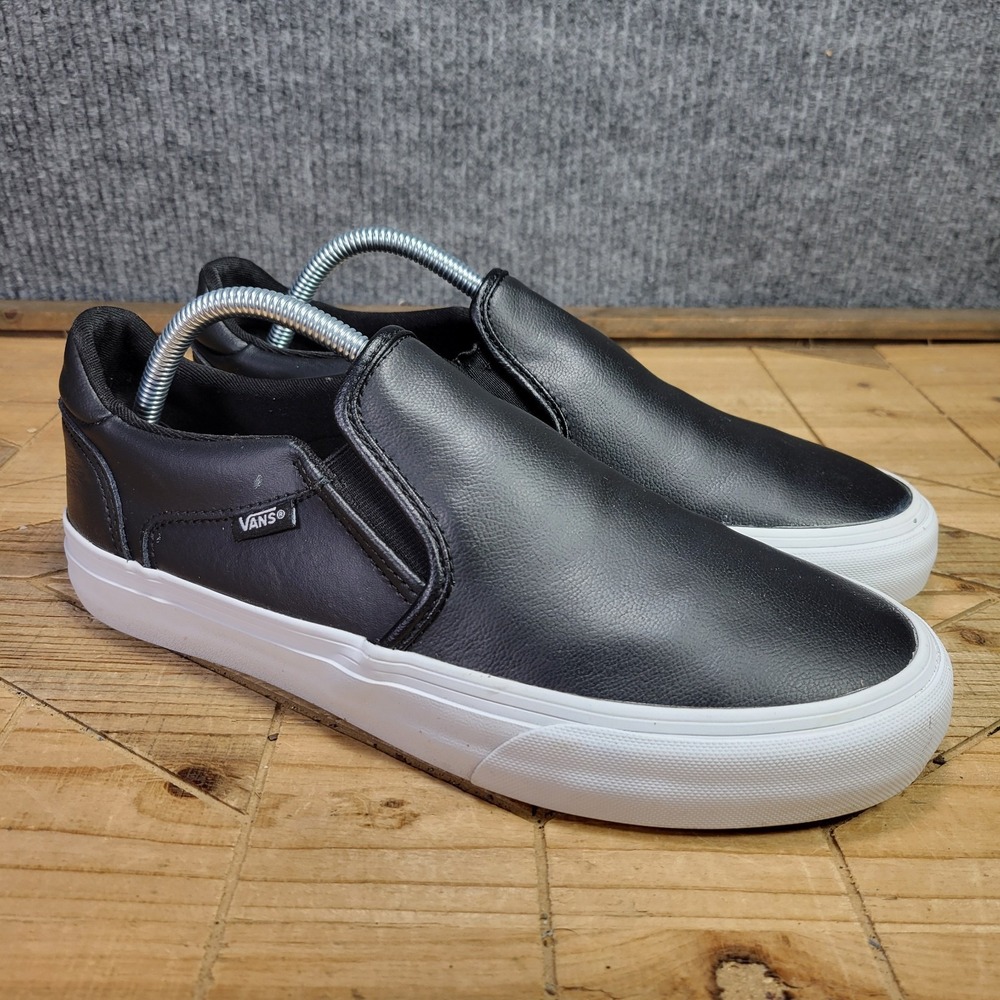 Vans‎ Asher Deluxe 721356 Mens US 8.5 Shoes Core Black Leather Slip On Sneakers